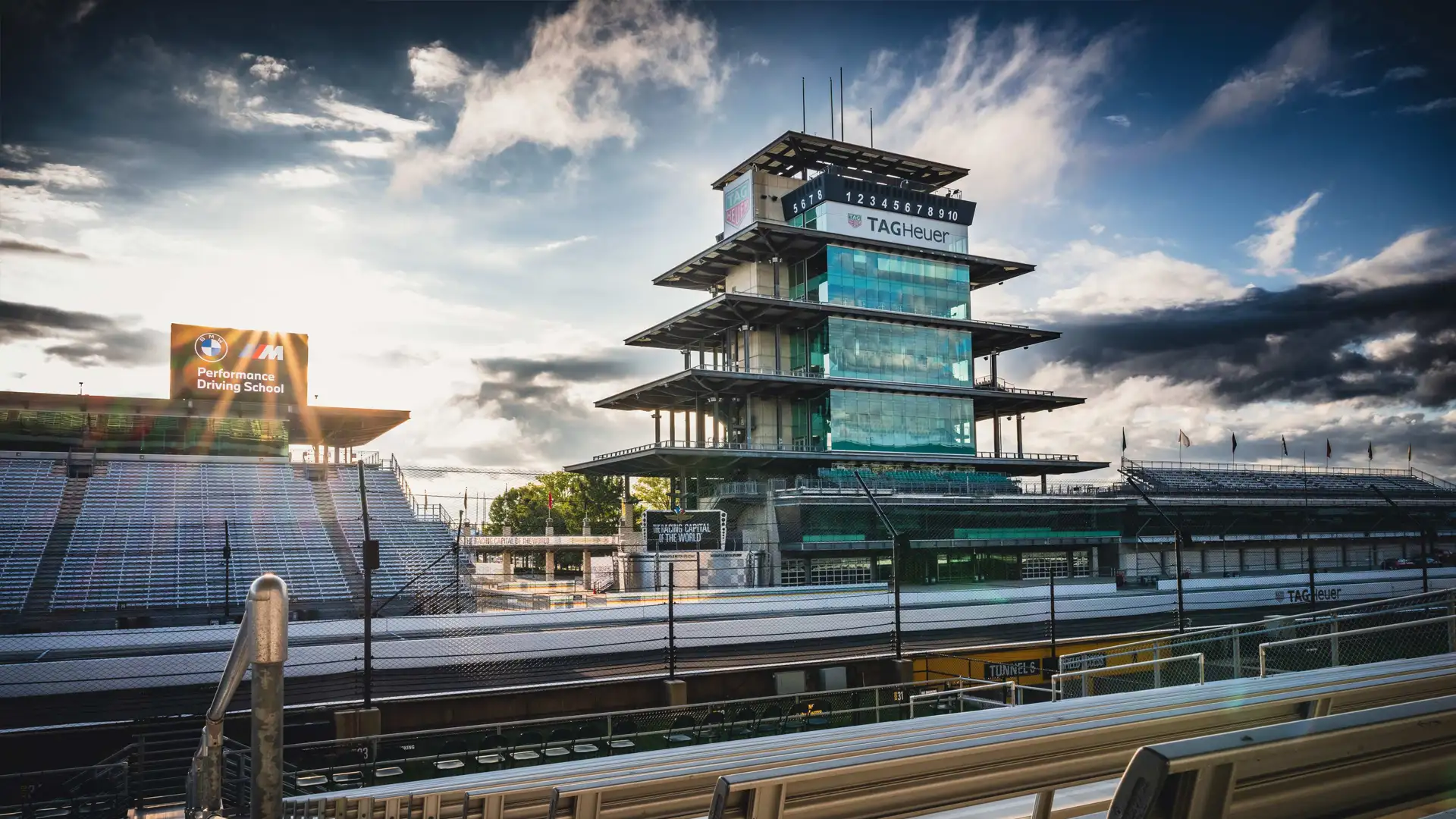 The Pagoda tower at Indianapolis Motor Speedway with a BMW Performance Driving School banner