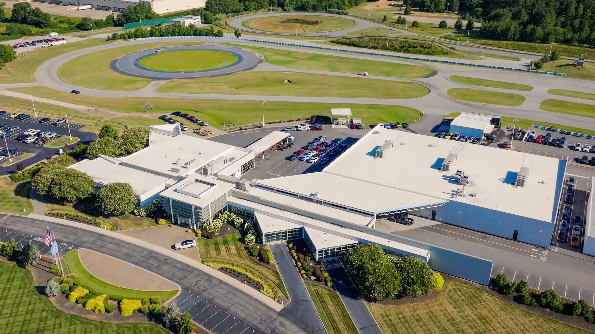 Aerial view of the BMW Performance Driving School East campus and its skid pad in South Carolina