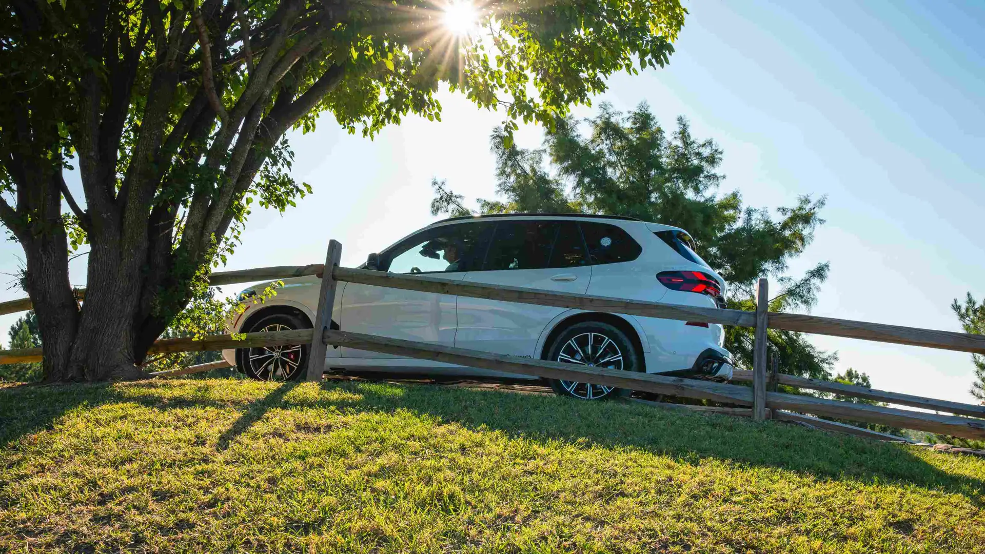 White BMW X5 parked on grass beside a split-rail fence