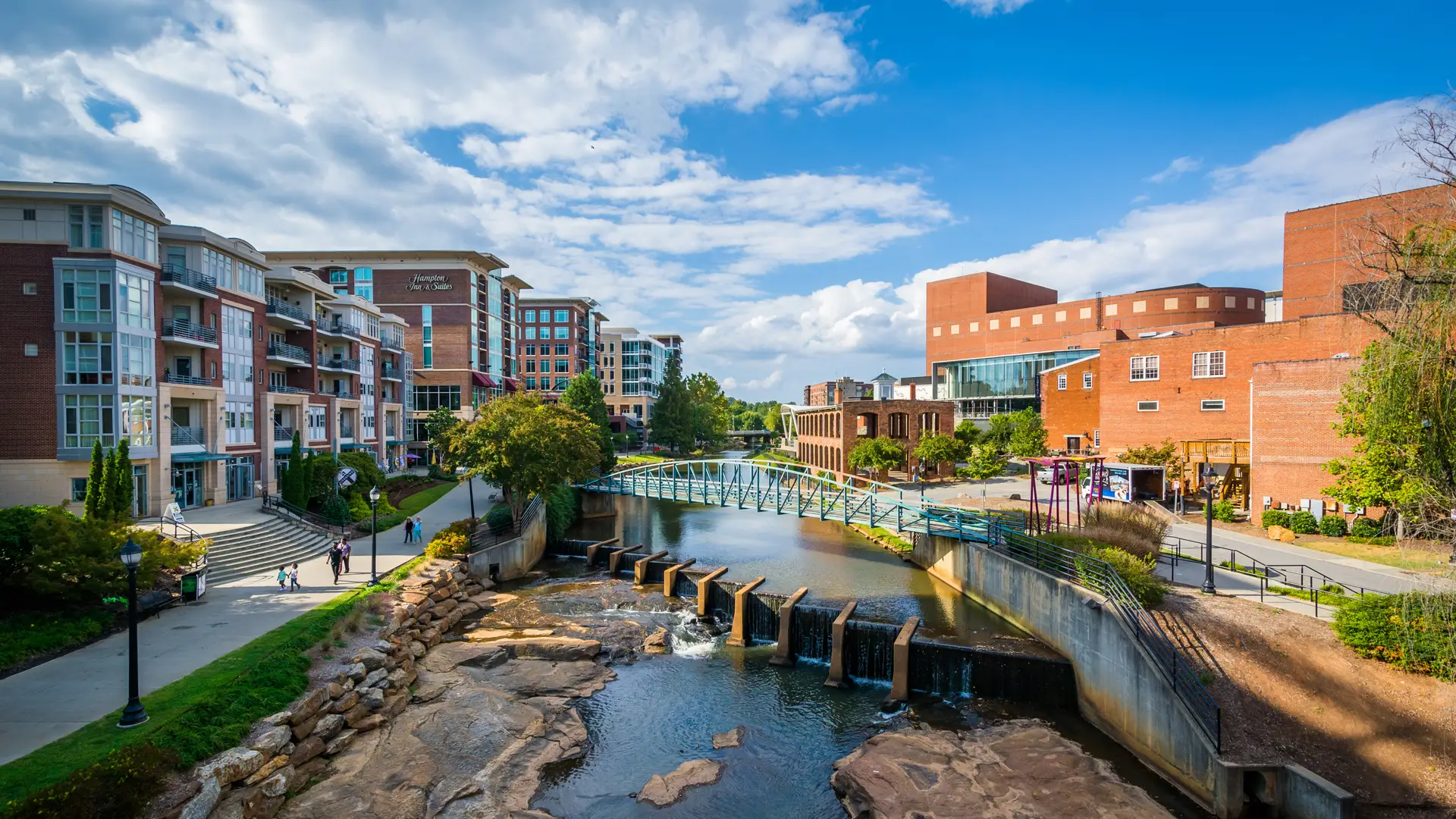 The Reedy River and footbridge at RiverPlace in downtown Greenville