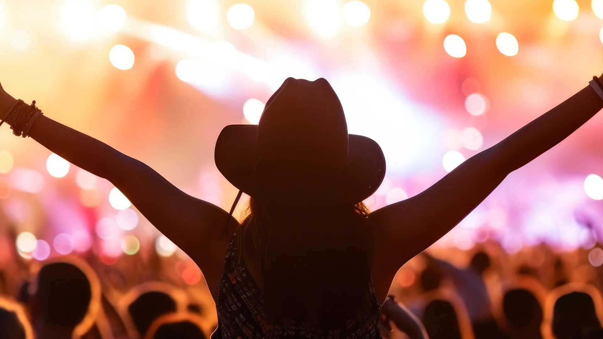 Festival-goer in a cowboy hat raising her arms in front of the stage lights