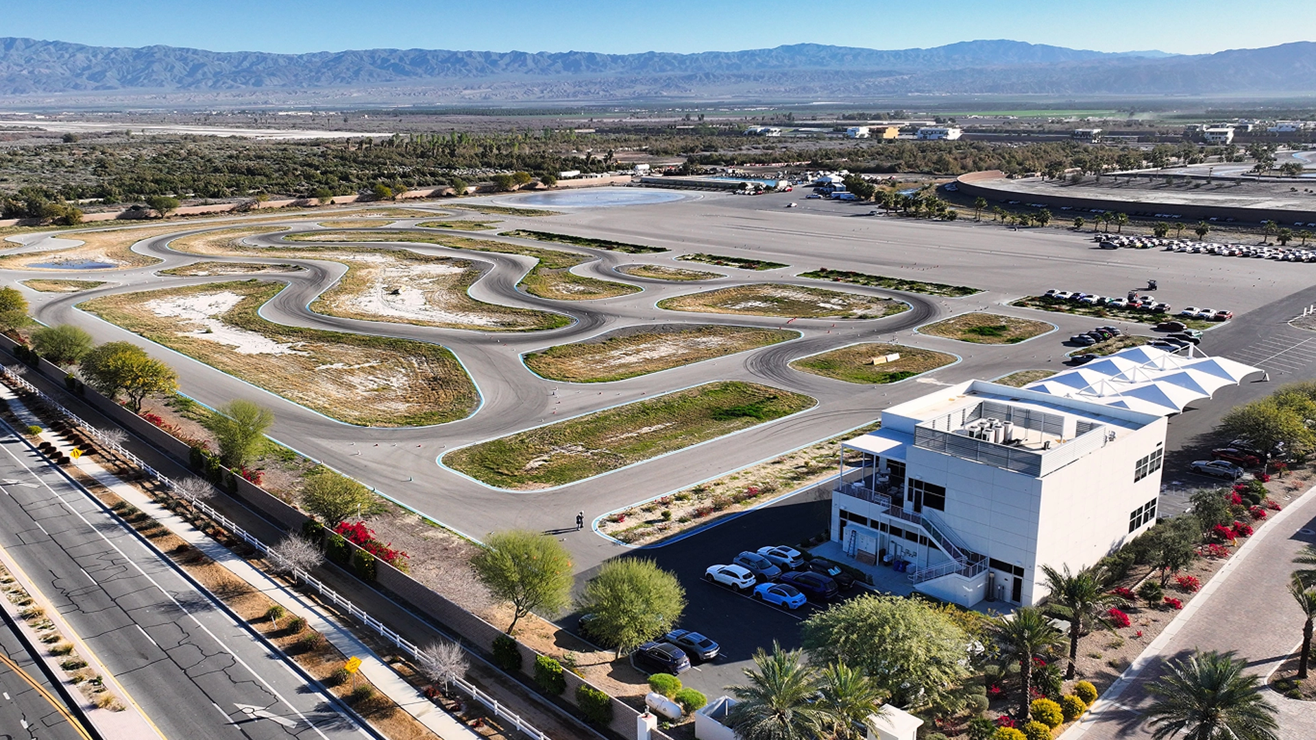 Aerial view of the winding handling course beside the BMW Performance Center West building