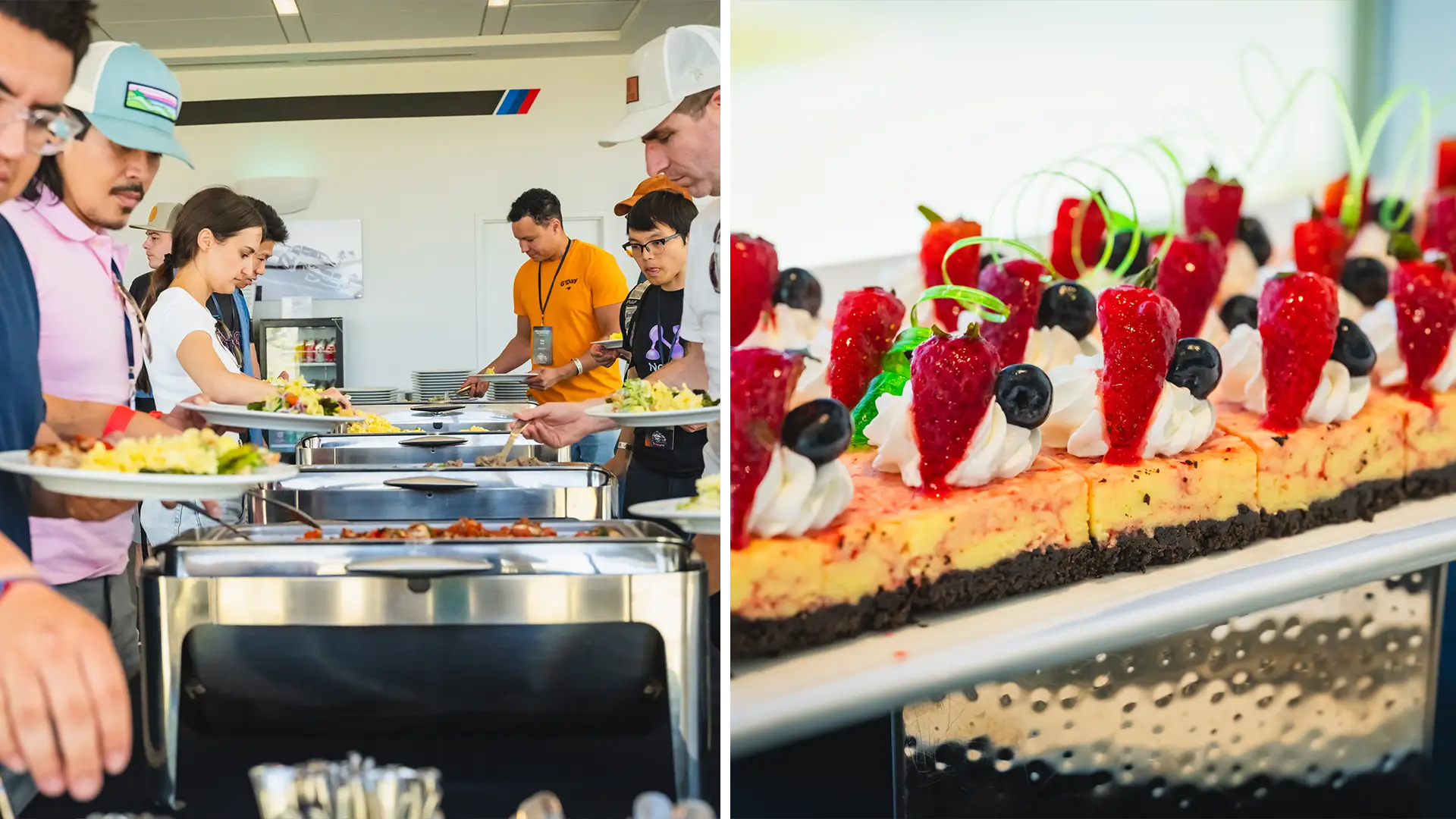 Guests serving themselves at a buffet, beside a tray of strawberry-topped cheesecake