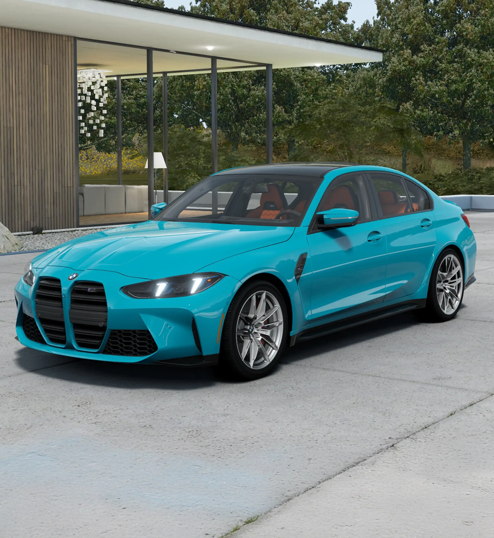 Teal BMW M3 parked on the driveway of a modern glass house