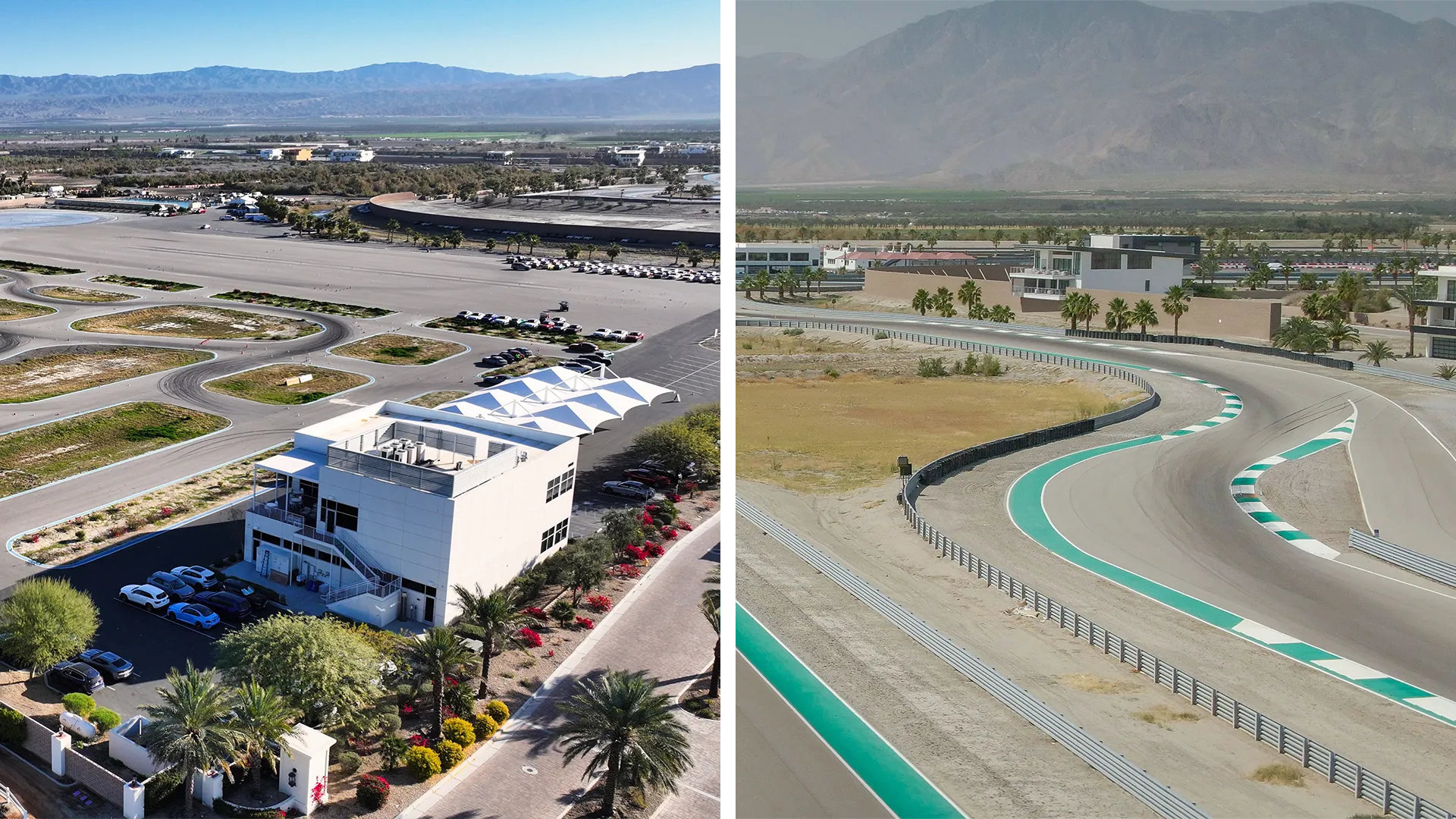 Two views of The Thermal Club: the BMW Performance Center West building, and a green-kerbed corner of the circuit